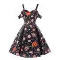 High Waist Shoulder Cut Flower Dress - Black