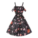 High Waist Shoulder Cut Flower Dress - Black