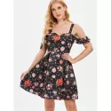 High Waist Shoulder Cut Flower Dress - Black