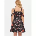 High Waist Shoulder Cut Flower Dress - Black