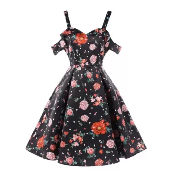 High Waist Shoulder Cut Flower Dress - Black