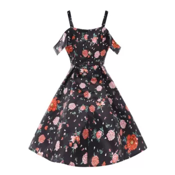 High Waist Shoulder Cut Flower Dress - Black