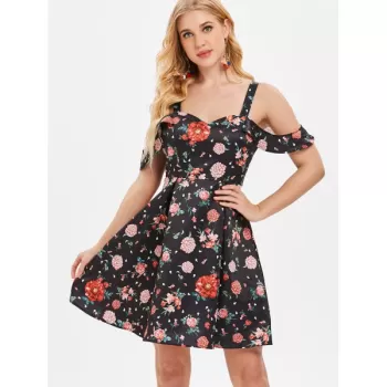 High Waist Shoulder Cut Flower Dress - Black