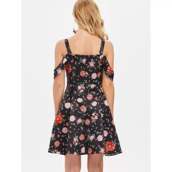 High Waist Shoulder Cut Flower Dress - Black
