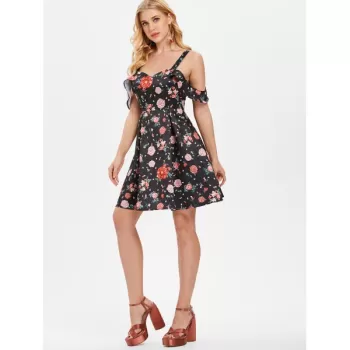 High Waist Shoulder Cut Flower Dress - Black