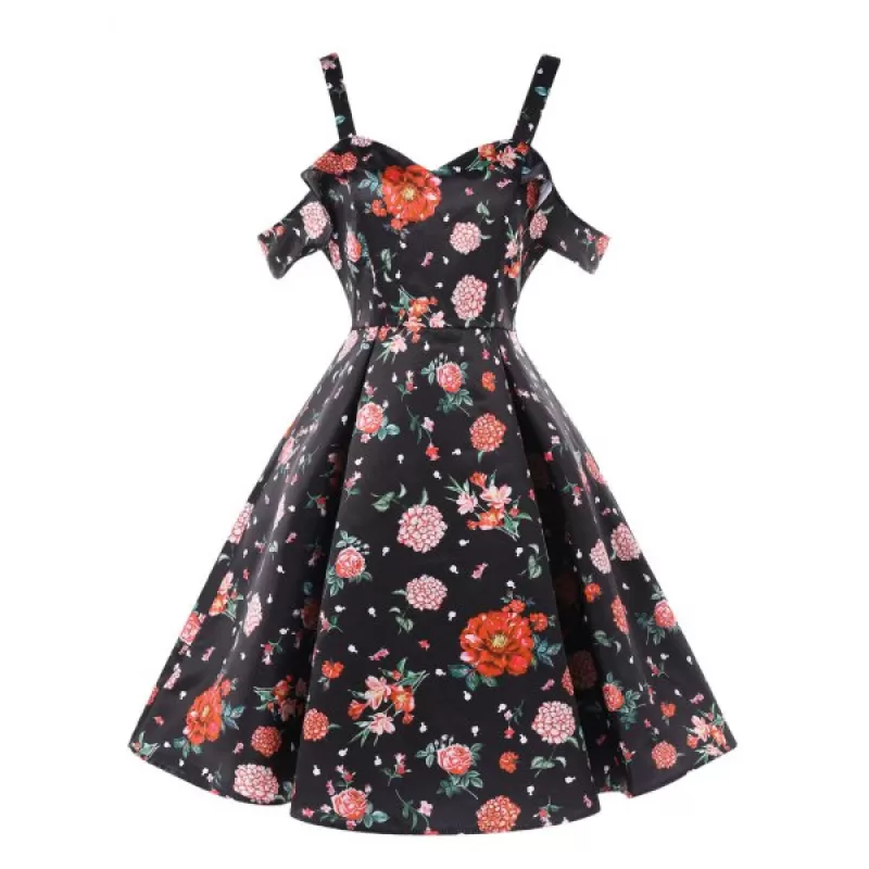 High Waist Shoulder Cut Flower Dress - Black