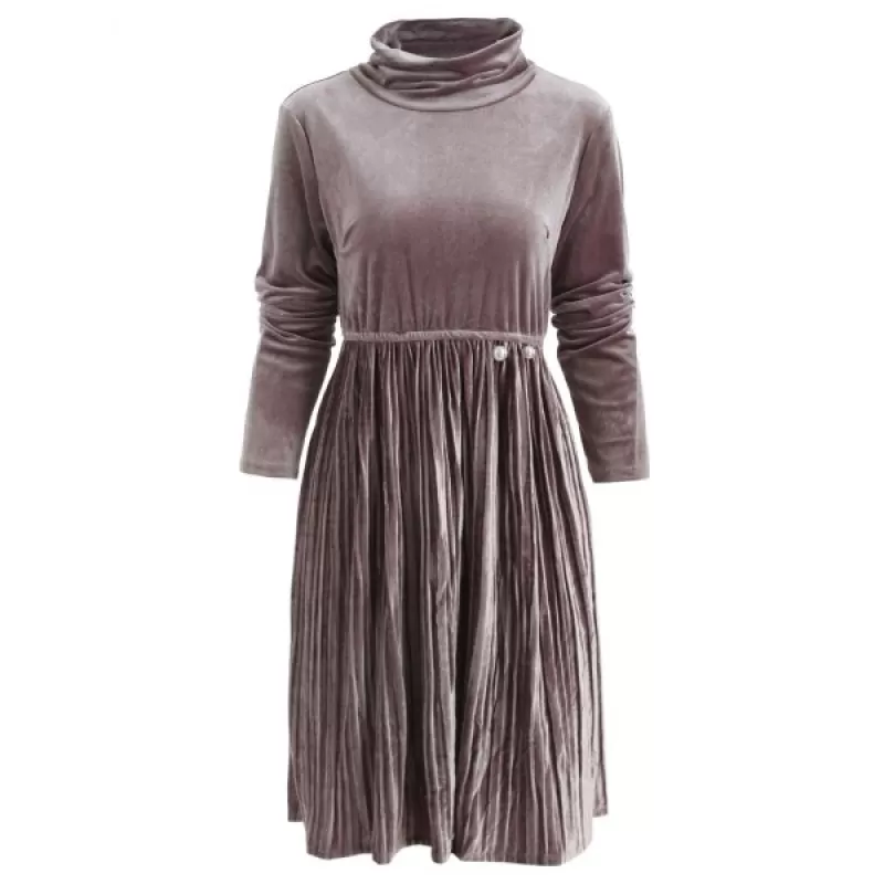 High Waist Velvet Pleated Dress - Puce