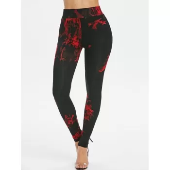 High Waisted Skinny Tie Dye Print Leggings - Black
