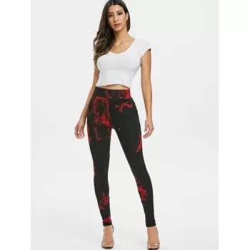 High Waisted Skinny Tie Dye Print Leggings - Black