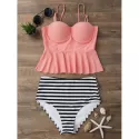 High Waisted triped Peplum Tankini et - Orangepink