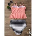 High Waisted triped Peplum Tankini et - Orangepink