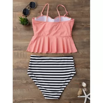 High Waisted triped Peplum Tankini et - Orangepink