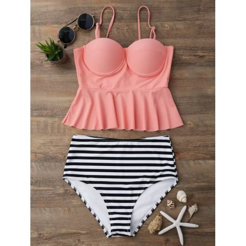 High Waisted triped Peplum Tankini et - Orangepink