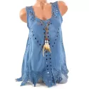 Hollow Out Feather Embellished Lace Panel Tank Top - Light ky Blue