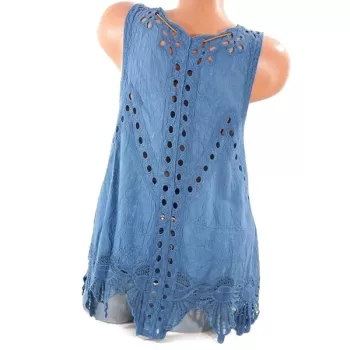 Hollow Out Feather Embellished Lace Panel Tank Top - Light ky Blue
