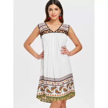 Hollow Out Paisley Print Shift Dress - White