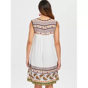 Hollow Out Paisley Print Shift Dress - White