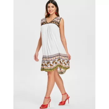 Hollow Out Paisley Print Shift Dress - White