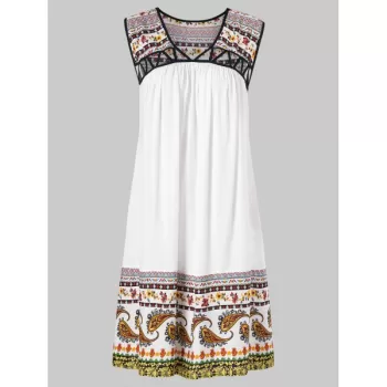 Hollow Out Paisley Print Shift Dress - White