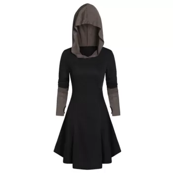Hooded Glove Sleeve Lace-up Contrast Dress - Dark Slate Grey