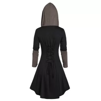 Hooded Glove Sleeve Lace-up Contrast Dress - Dark Slate Grey