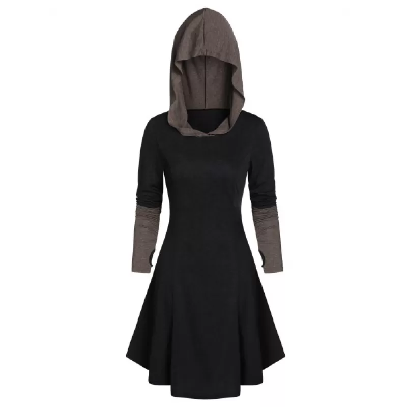 Hooded Glove Sleeve Lace-up Contrast Dress - Dark Slate Grey
