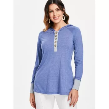 Hooded Henley T-shirt - Light Steel Blue