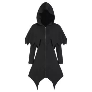Hooded Zip Up Asymmetrical Capelet Gothic Coat - Black