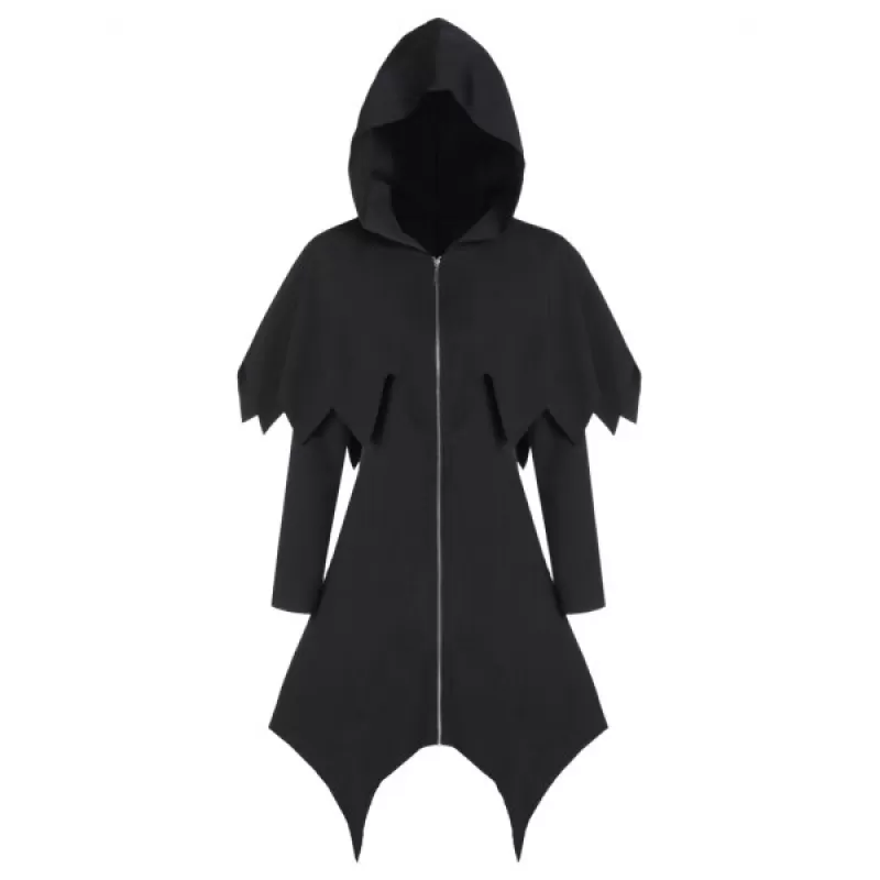 Hooded Zip Up Asymmetrical Capelet Gothic Coat - Black