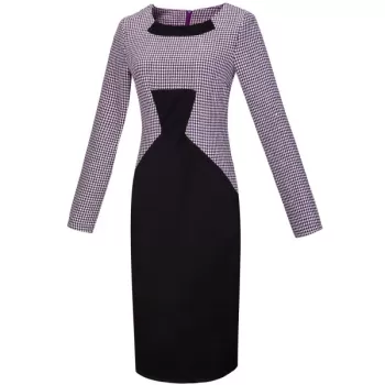Houndstooth Print Long Sleeve Bodycon Dress - Purple