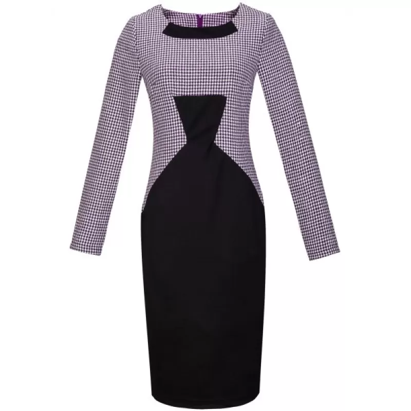 Houndstooth Print Long Sleeve Bodycon Dress - Purple