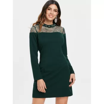 Jewel Collar Short Work Dress - Dark Forest Green