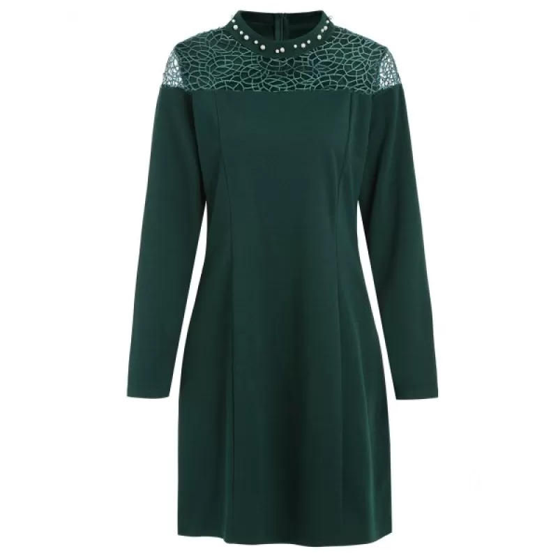 Jewel Collar Short Work Dress - Dark Forest Green