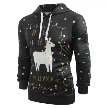 Kangaroo Pocket Animal Lamb Graphic Drawstring Hoodie - Black
