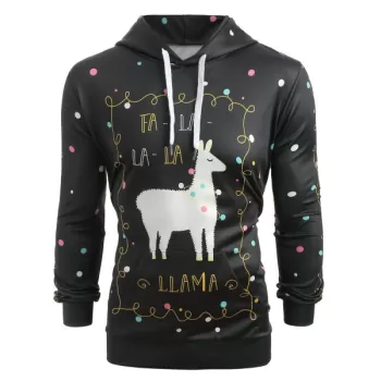 Kangaroo Pocket Animal Lamb Graphic Drawstring Hoodie - Black