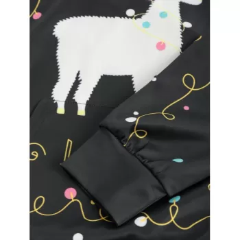 Kangaroo Pocket Animal Lamb Graphic Drawstring Hoodie - Black