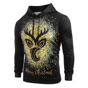 Kangaroo Pocket Christmas Elk Print Hoodie -