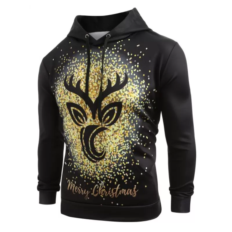 Kangaroo Pocket Christmas Elk Print Hoodie -