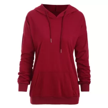 Kangaroo Pocket Solid Drop Shoulder Hoodie - Red