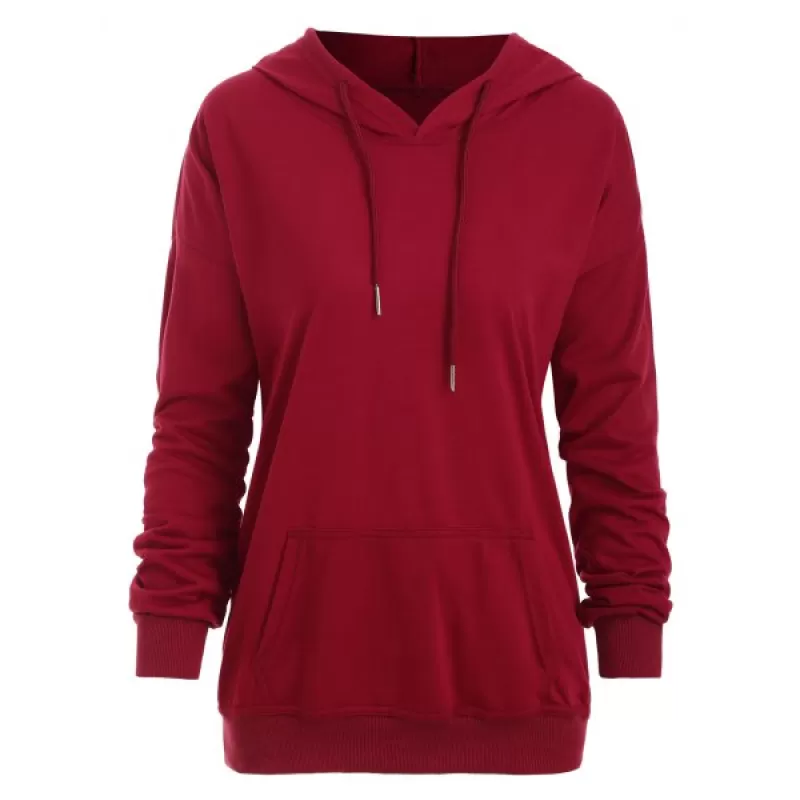Kangaroo Pocket Solid Drop Shoulder Hoodie - Red
