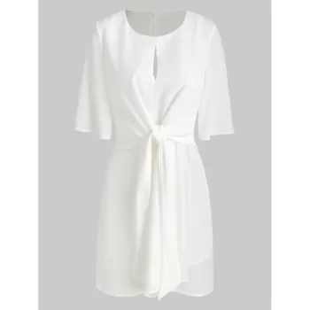 Keyhole Neck Knot Front Dress - White