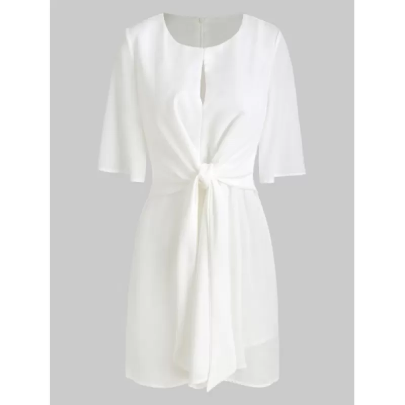 Keyhole Neck Knot Front Dress - White
