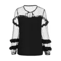 Keyhole Neck Puff Sleeve Mesh Blouse - Black
