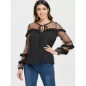 Keyhole Neck Puff Sleeve Mesh Blouse - Black