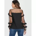 Keyhole Neck Puff Sleeve Mesh Blouse - Black
