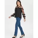 Keyhole Neck Puff Sleeve Mesh Blouse - Black
