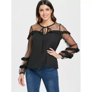 Keyhole Neck Puff Sleeve Mesh Blouse - Black