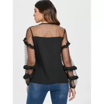 Keyhole Neck Puff Sleeve Mesh Blouse - Black