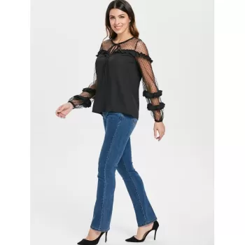 Keyhole Neck Puff Sleeve Mesh Blouse - Black