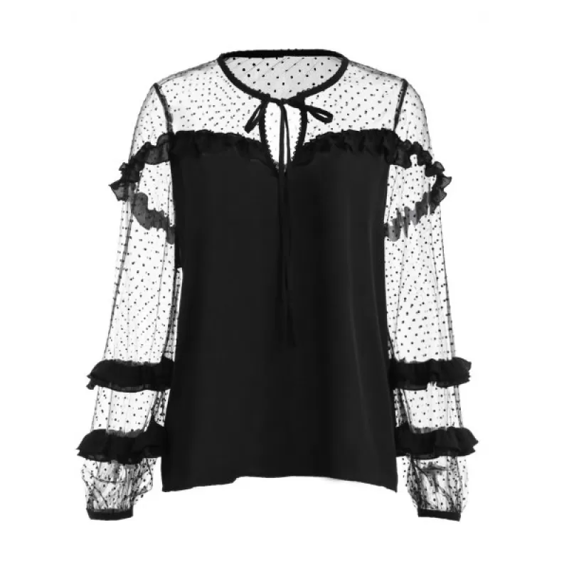 Keyhole Neck Puff Sleeve Mesh Blouse - Black